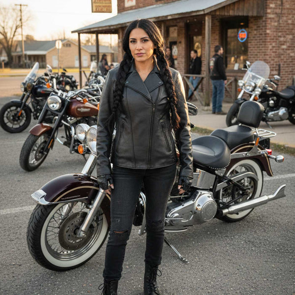 Milwaukee Leather LKL2711 Women's Braided Black Leather Motorcycle Rider Jacket w/ Studded Back