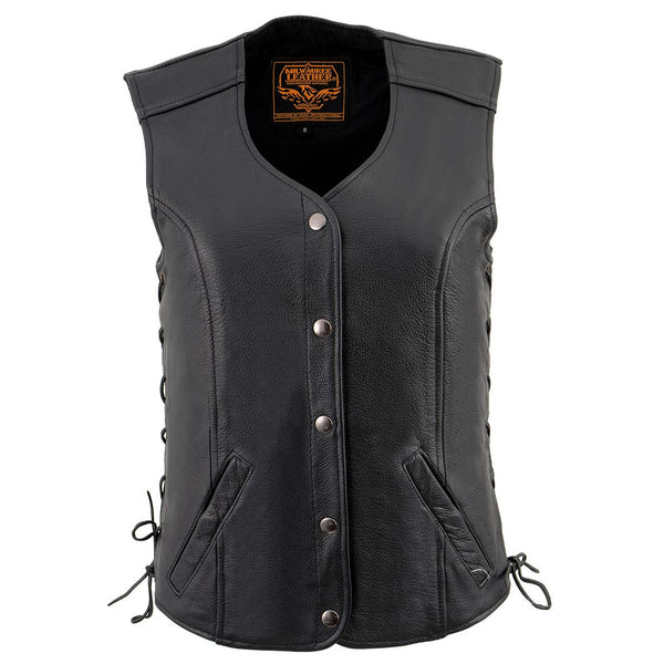 Milwaukee Leather LKL4700 Women's Black Premium Leather Side Laced  Motorcycle Biker Riders Vest w/ Snap Closure