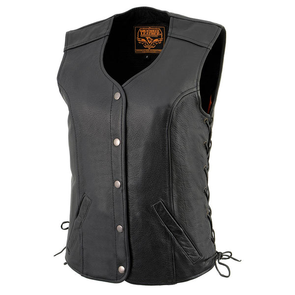 Milwaukee Leather LKL4700 Women's Black Premium Leather Side Laced  Motorcycle Biker Riders Vest w/ Snap Closure