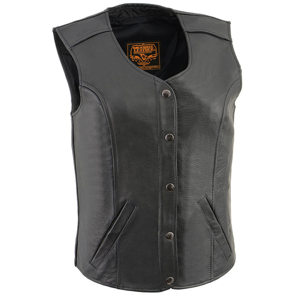 Milwaukee Leather LKL4701 Women's Black Premium Leather Motorcycle Rider Vest w/ Classic 4-Snap Closure