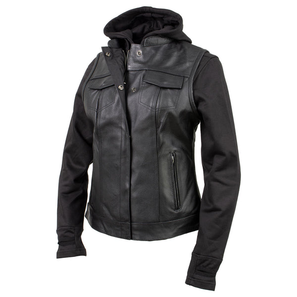 Milwaukee Leather Women's Tara Black Leather Motorcycle Rider 2-in-1 Convertible Hoodie Jacket Vest - LKL4712
