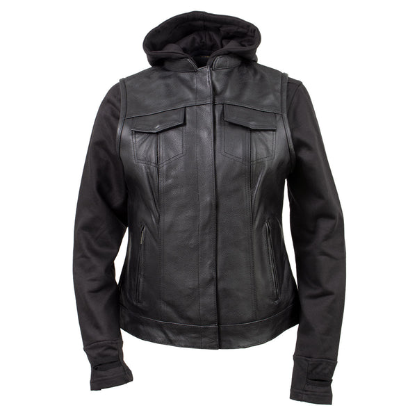 Milwaukee Leather Women's Tara Black Leather Motorcycle Rider 2-in-1 Convertible Hoodie Jacket Vest - LKL4712