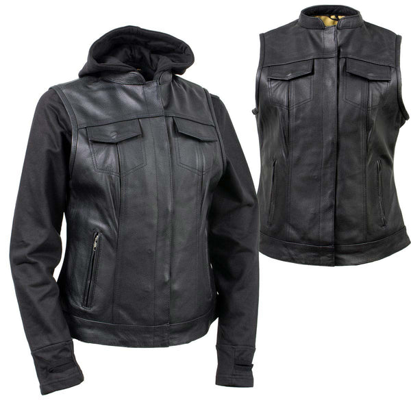 Milwaukee Leather Women's Tara Black Leather Motorcycle Rider 2-in-1 Convertible Hoodie Jacket Vest - LKL4712