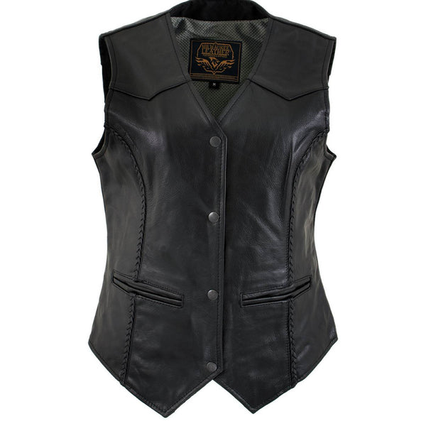 Milwaukee Leather Women's Road Queen Black Braided Buffalo Leather Motorcycle Vest - LKL4713