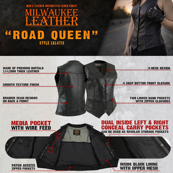 Milwaukee Leather Women's Road Queen Black Braided Buffalo Leather Motorcycle Vest - LKL4713