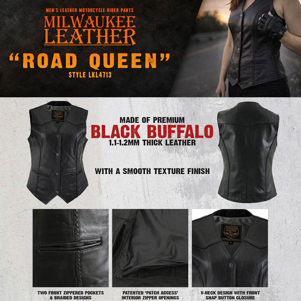 Milwaukee Leather Women's Road Queen Black Braided Buffalo Leather Motorcycle Vest - LKL4713