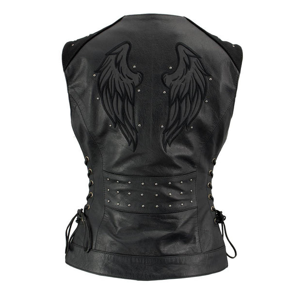 Milwaukee Leather Women's Winged Black Studded Leather Motorcycle Vest with Reflective Wings - LKL4715