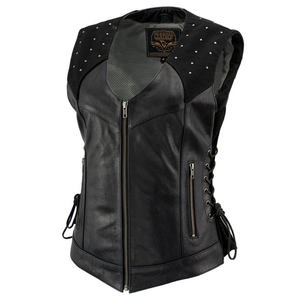 Milwaukee Leather Women's Winged Black Studded Leather Motorcycle Vest with Reflective Wings - LKL4715