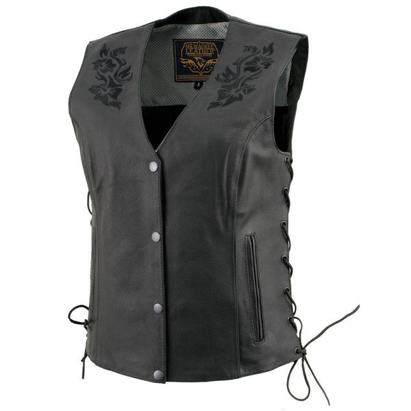 Milwaukee Leather Women's Gemma Black Leather Motorcycle Vest with Side Laces - LKL4716