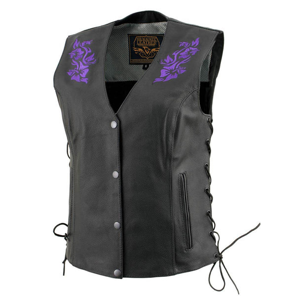 Milwaukee Leather Women's Gemma Black/Purple Leather Motorcycle Vest with Side Laces - LKL4717
