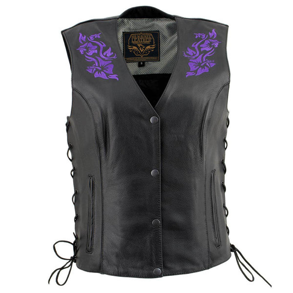 Milwaukee Leather Women's Gemma Black/Purple Leather Motorcycle Vest with Side Laces - LKL4717