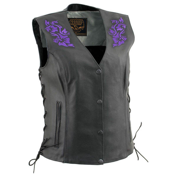 Milwaukee Leather Women's Gemma Black/Purple Leather Motorcycle Vest with Side Laces - LKL4717