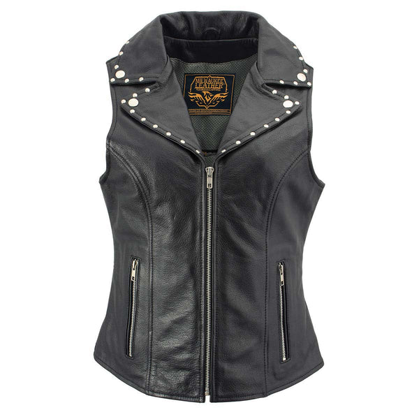 Milwaukee Leather Women's Dita Black Motorcycle Leather Vest w/ Riveted Lapel Collar - LKL4720