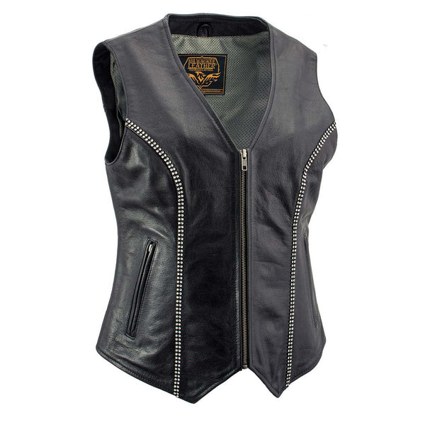 Milwaukee Leather Women's 'Bling' Black Leather V-Neck Motorcycle Rider Vest with Rhinestone Detail - LK4721