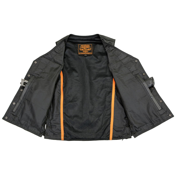 Milwaukee Leather LKM1360 Men's Classic Black Leather V-Neck Motorcycle Rider Vest w/ Adjustable Side Laces