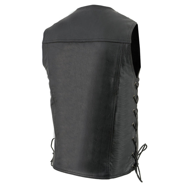 Milwaukee Leather LKM1360 Men's Classic Black Leather V-Neck Motorcycle Rider Vest w/ Adjustable Side Laces