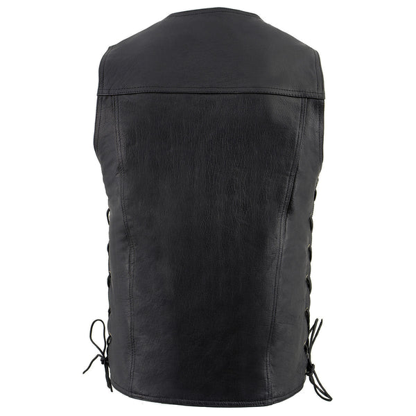 Milwaukee Leather LKM1360 Men's Classic Black Leather V-Neck Motorcycle Rider Vest w/ Adjustable Side Laces