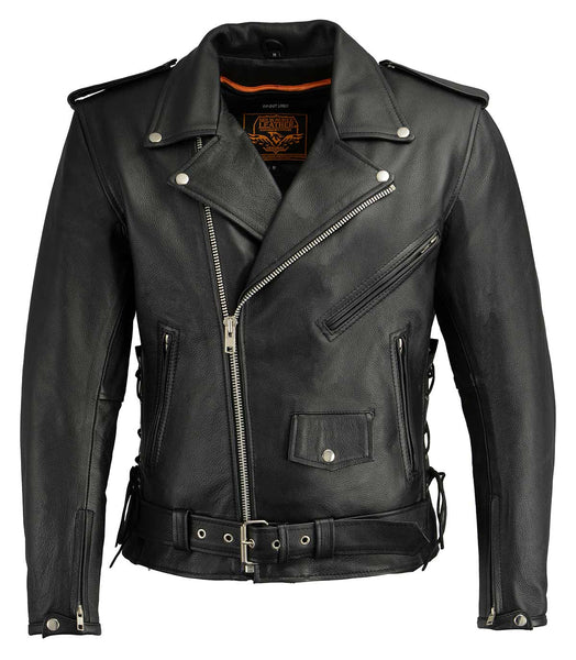 Milwaukee Leather Men's Premium Black Leather Motorcycle Jacket - Vintage Police Style w/ Side Lace - LKM1711