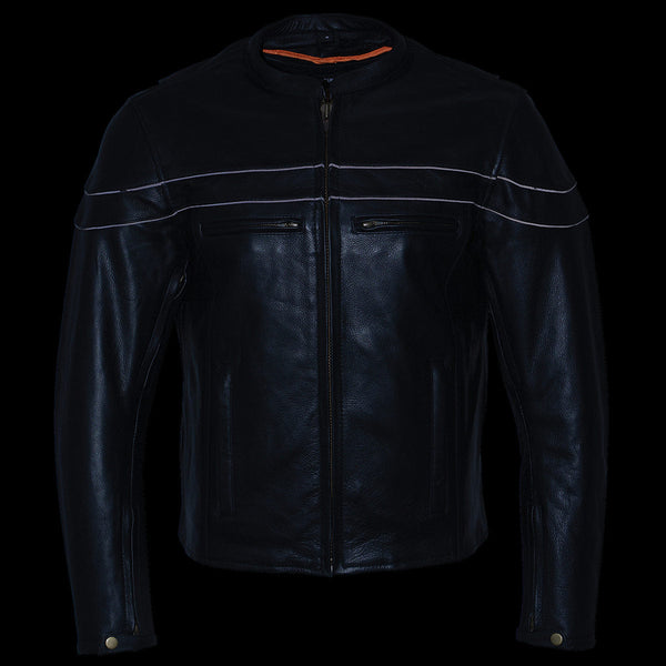 Milwaukee Leather Men's Black Leather Sporty Crossover Scooter Motorcycle Jacket w/ Reflective Piping - LKM1725