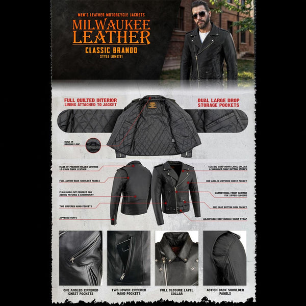 Milwaukee Leather Men's The Legend Classic Brando Black Premium Leather Motorcycle Jacket - LKM1781