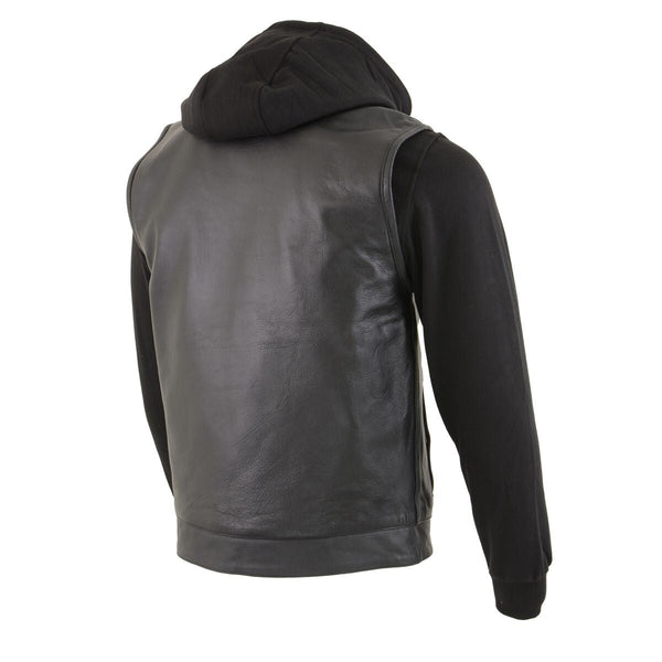 Milwaukee Leather LKM3714 Men's Black Club Style '2 in 1' Zipper Leather Vest with Removable Full Sleeve Hoodie