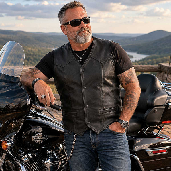 Milwaukee Leather Men's Black Classic Western Style Motorcycle Leather Rider Vest - LKM3778