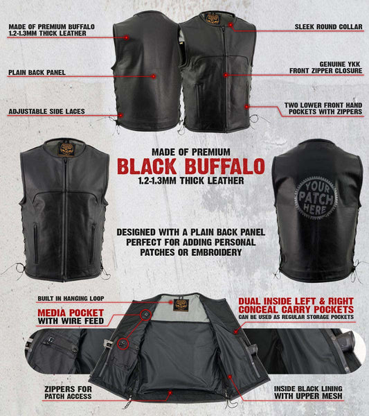 Milwaukee Leather Men's Drifter Black Collarless Buffalo Leather Motorcycle Vest - LKM3792