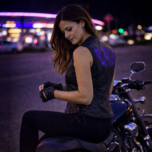Milwaukee Leather Women's Gemma Black/Purple Leather Motorcycle Vest with Side Laces - LKL4717