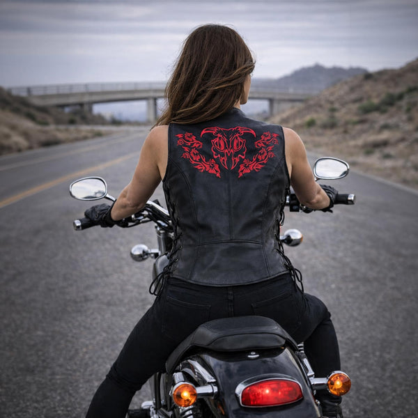 Milwaukee Leather Women's Gemma Black/Red Leather Motorcycle Vest with Side Laces - LKL4718