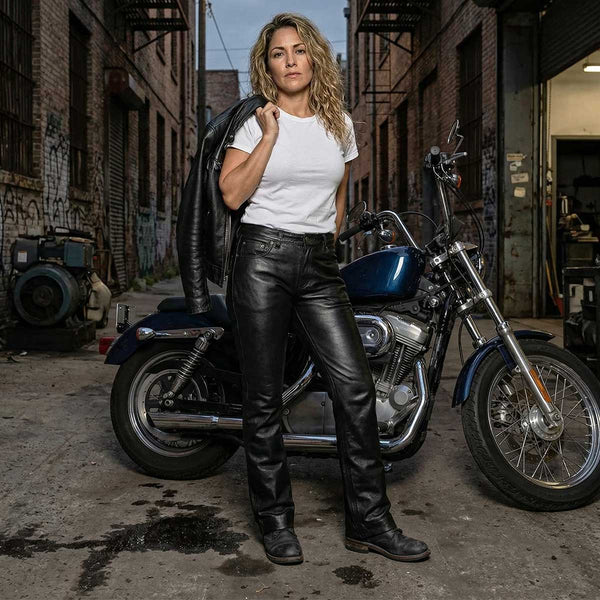Milwaukee Leather LKM5719 Women's Black Buffalo Leather Motorcycle Riding Pants, Boot Cut, Unhemmed