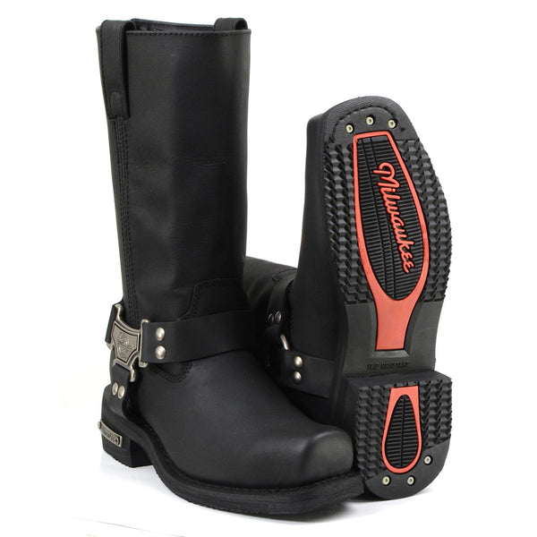 MMCC MB410 Men's Classic Harness Black Leather Biker Boots - Riding Footwear