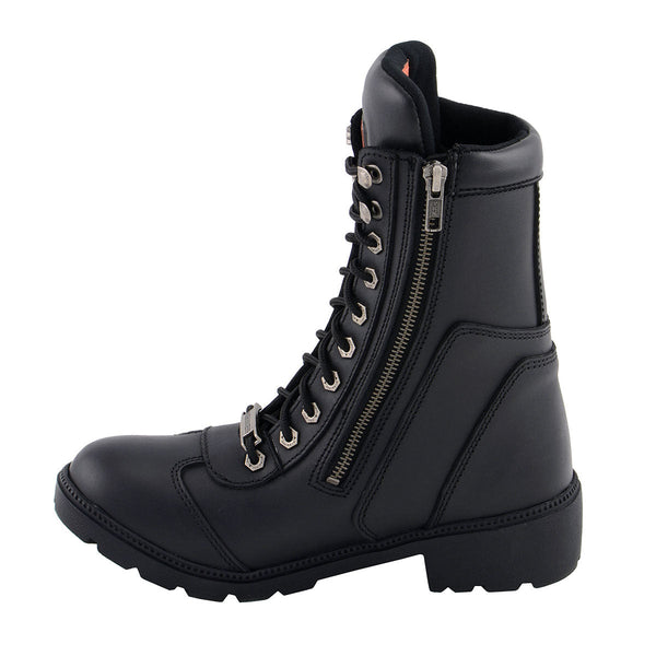 Milwaukee Leather MBL9301 Women's Black Leather Lace-Up Motorcycle Biker Riding Boots with Side Zipper Entry