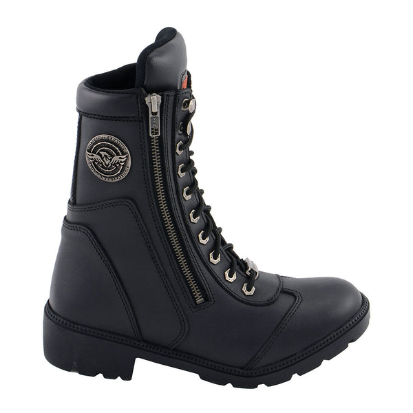 Milwaukee Leather MBL9301 Women's Black Leather Lace-Up Motorcycle Biker Riding Boots with Side Zipper Entry