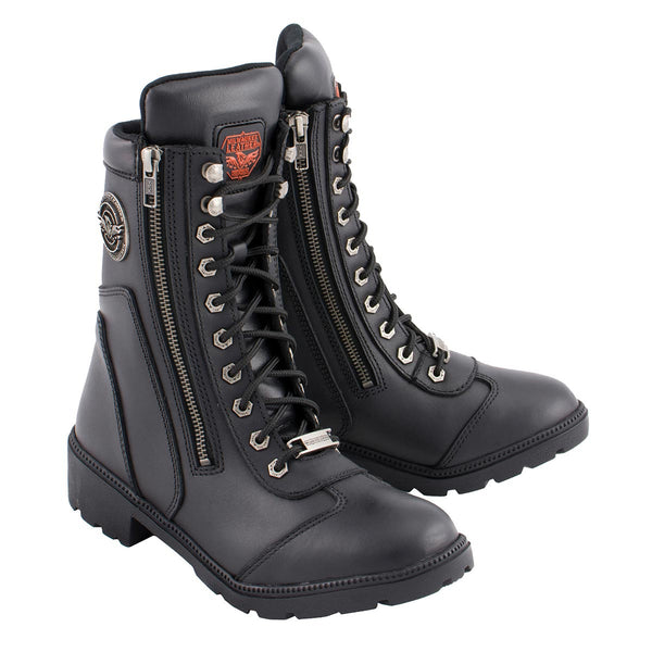 Milwaukee Leather MBL9301 Women's Black Leather Lace-Up Motorcycle Biker Riding Boots with Side Zipper Entry