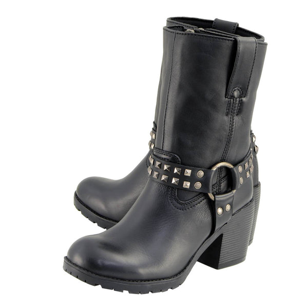 Milwaukee Leather Women's Stud Rebel Black Leather Harness Motorcycle Boots - MBL9314