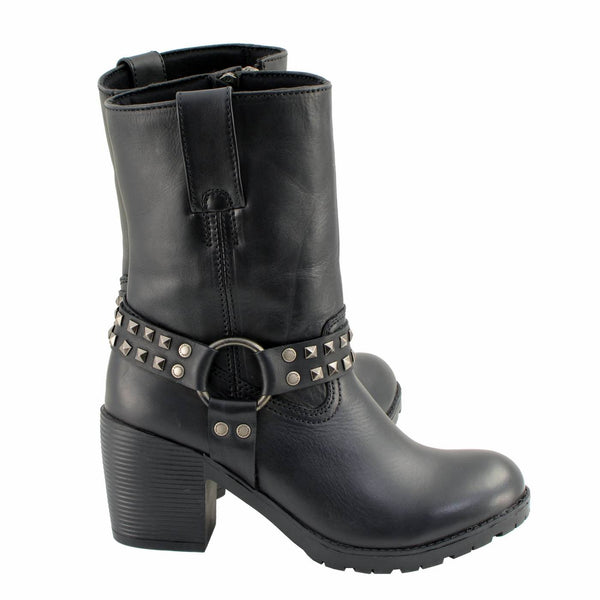 Milwaukee Leather Women's Stud Rebel Black Leather Harness Motorcycle Boots - MBL9314