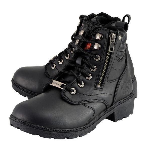 Milwaukee Leather MBL9320 Women's Premium Black Leather Lace-Up Motorcycle Riding Boots with Side Zipper