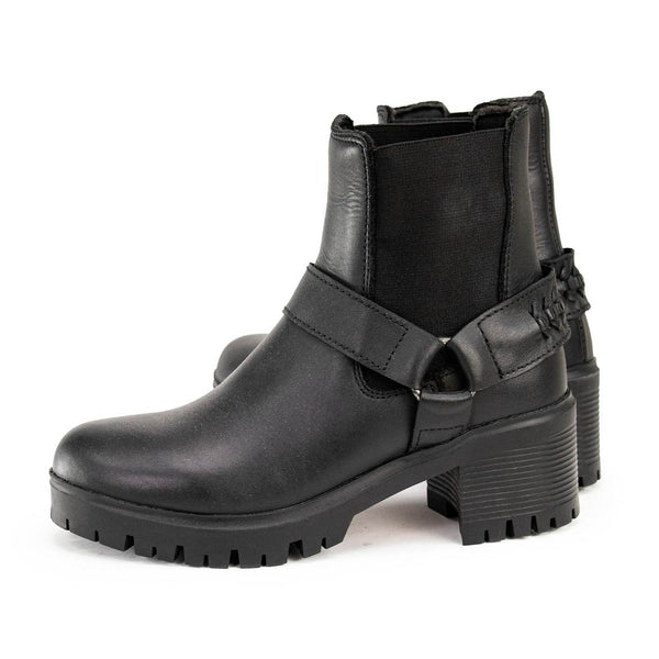 Milwaukee Leather Women's Black Braid Black Leather Ankle Fashion Boots with Elastic Panel and Block Heel - MBL9331