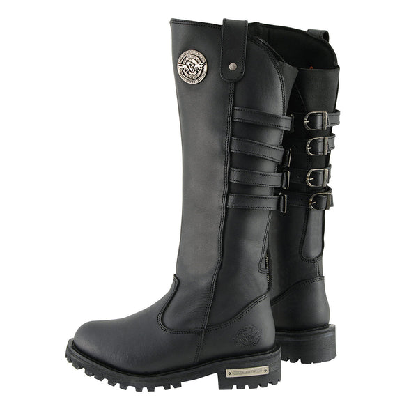 Milwaukee Leather MBL9345 Women's Black 15-inch High Rise Leather Riding Boots with Four Calf Buckles