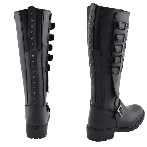 Milwaukee Leather MBL9395 Women's Black Leather 17-Inch Side Strap Riding Motorcycle Boots with Side Zipper