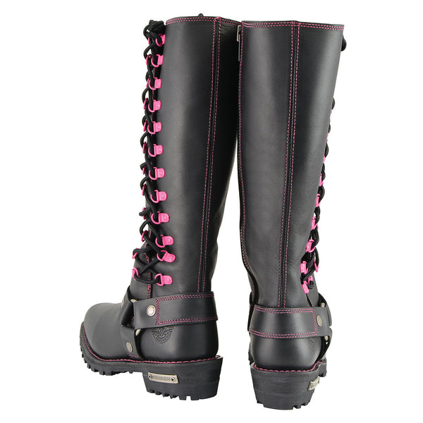 Milwaukee Leather Women's Black 14-inch Leather Harness Motorcycle Boots with Fuchsia Accent Lacing MBL9367