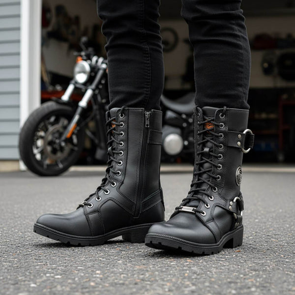 Milwaukee Leather Women's Premium Leather Motorcycle Riding Boots - Lace-To-Toe Harness - Zipper Closure - MBL9391