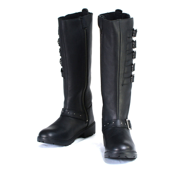 Milwaukee Leather MBL9395 Women's Black Leather 17-Inch Side Strap Riding Motorcycle Boots with Side Zipper