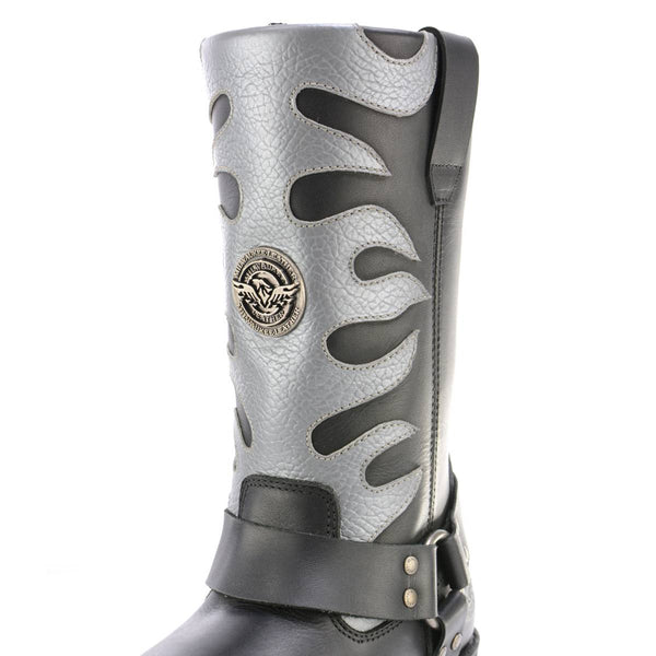 Milwaukee Leather Men’s Fire Fight Harness Boots – Black Leather w/ Silver Flames, 11″ Square Toe, Inside Zipper - MBM9067