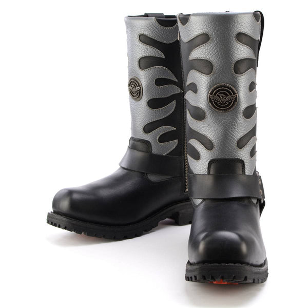 Milwaukee Leather Men’s Fire Fight Harness Boots – Black Leather w/ Silver Flames, 11″ Square Toe, Inside Zipper - MBM9067