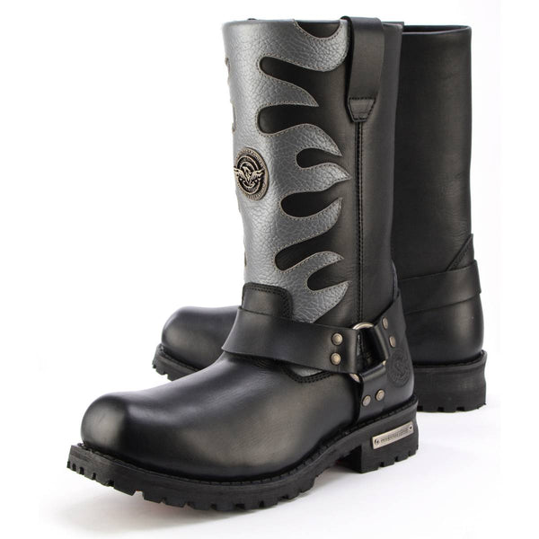 Milwaukee Leather Men’s Fire Fight Harness Boots – Black Leather w/ Silver Flames, 11″ Square Toe, Inside Zipper - MBM9067