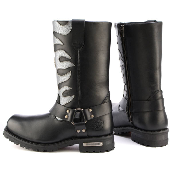 Milwaukee Leather Men’s Fire Fight Harness Boots – Black Leather w/ Silver Flames, 11″ Square Toe, Inside Zipper - MBM9067