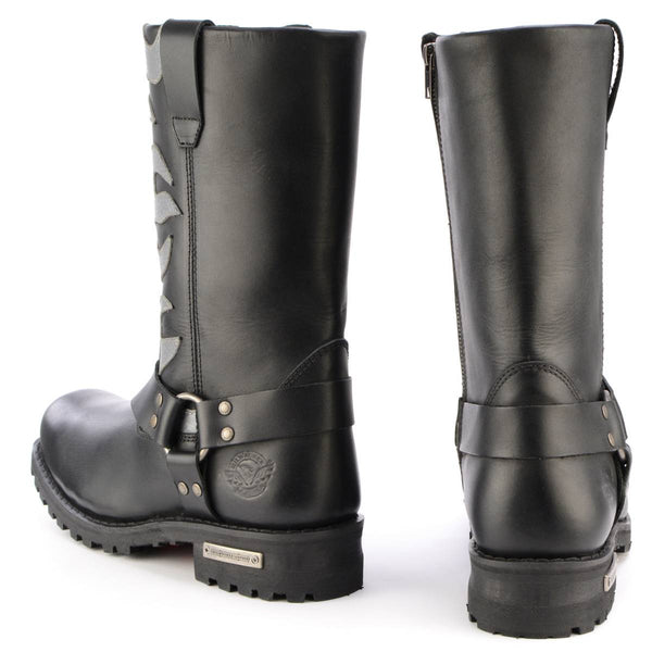 Milwaukee Leather Men’s Fire Fight Harness Boots – Black Leather w/ Silver Flames, 11″ Square Toe, Inside Zipper - MBM9067