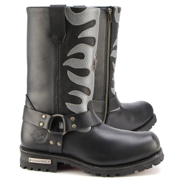Milwaukee Leather Men’s Fire Fight Harness Boots – Black Leather w/ Silver Flames, 11″ Square Toe, Inside Zipper - MBM9067