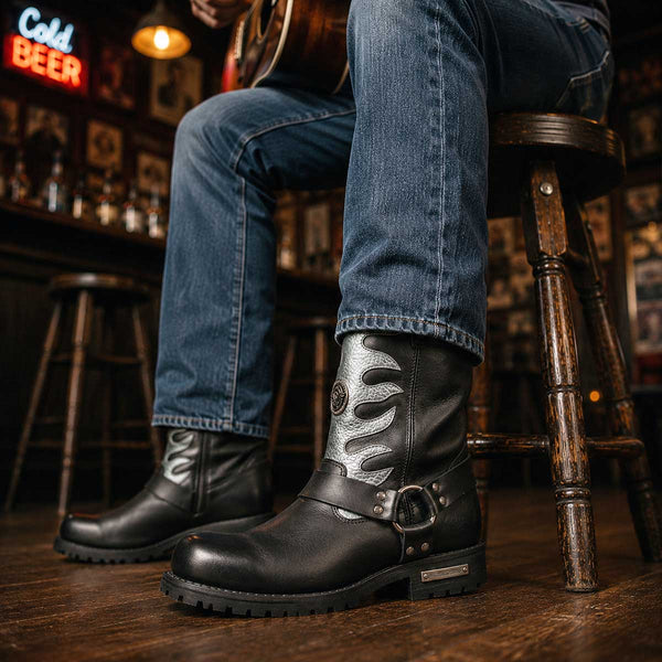 Milwaukee Leather Men’s Fire Fight Harness Boots – Black Leather w/ Silver Flames, 11″ Square Toe, Inside Zipper - MBM9067